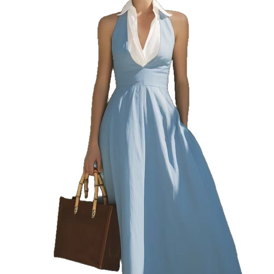 Light Blue Halter-neck Cinched-waist Long Dress