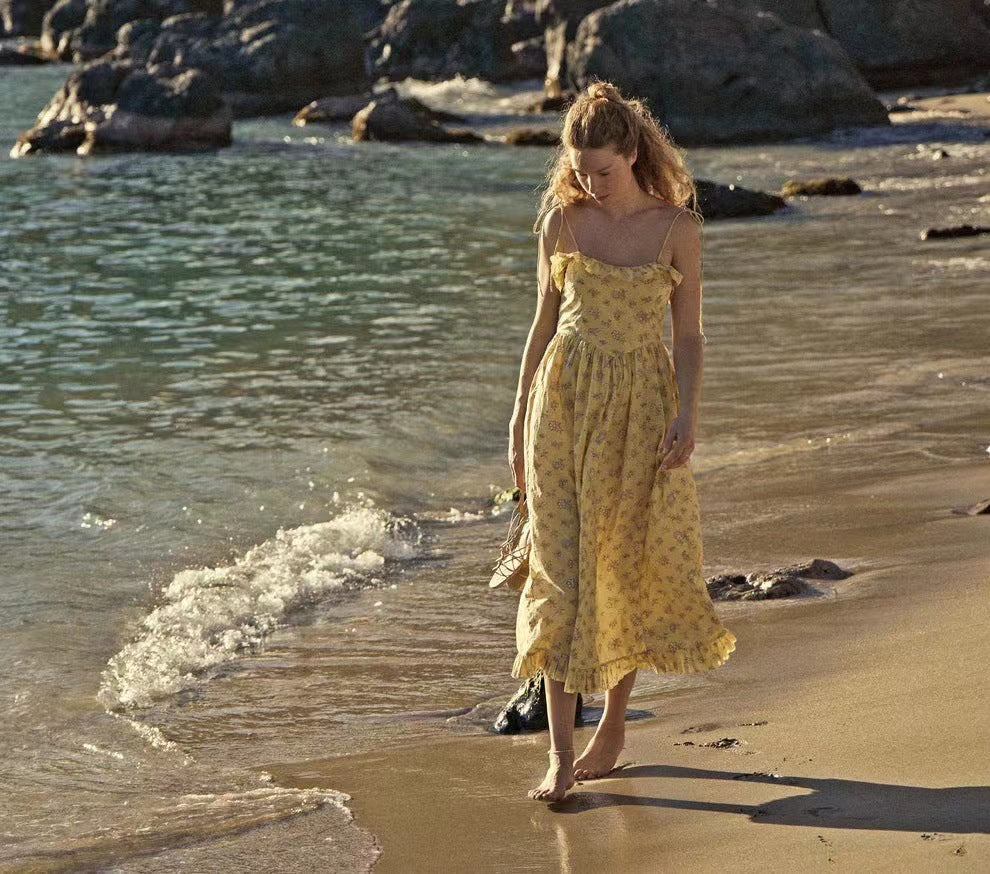 Cotton Printed Vacation Style Lace-up Ruffle Sleeveless Dress