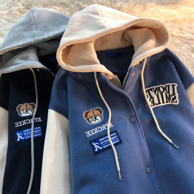 Hong Kong Style Retro Bear Hooded Jacket Loose And Chic