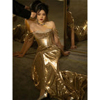 Gold Sequin Fishtail Dress | Off-Shoulder Bridal Toast Gown Women