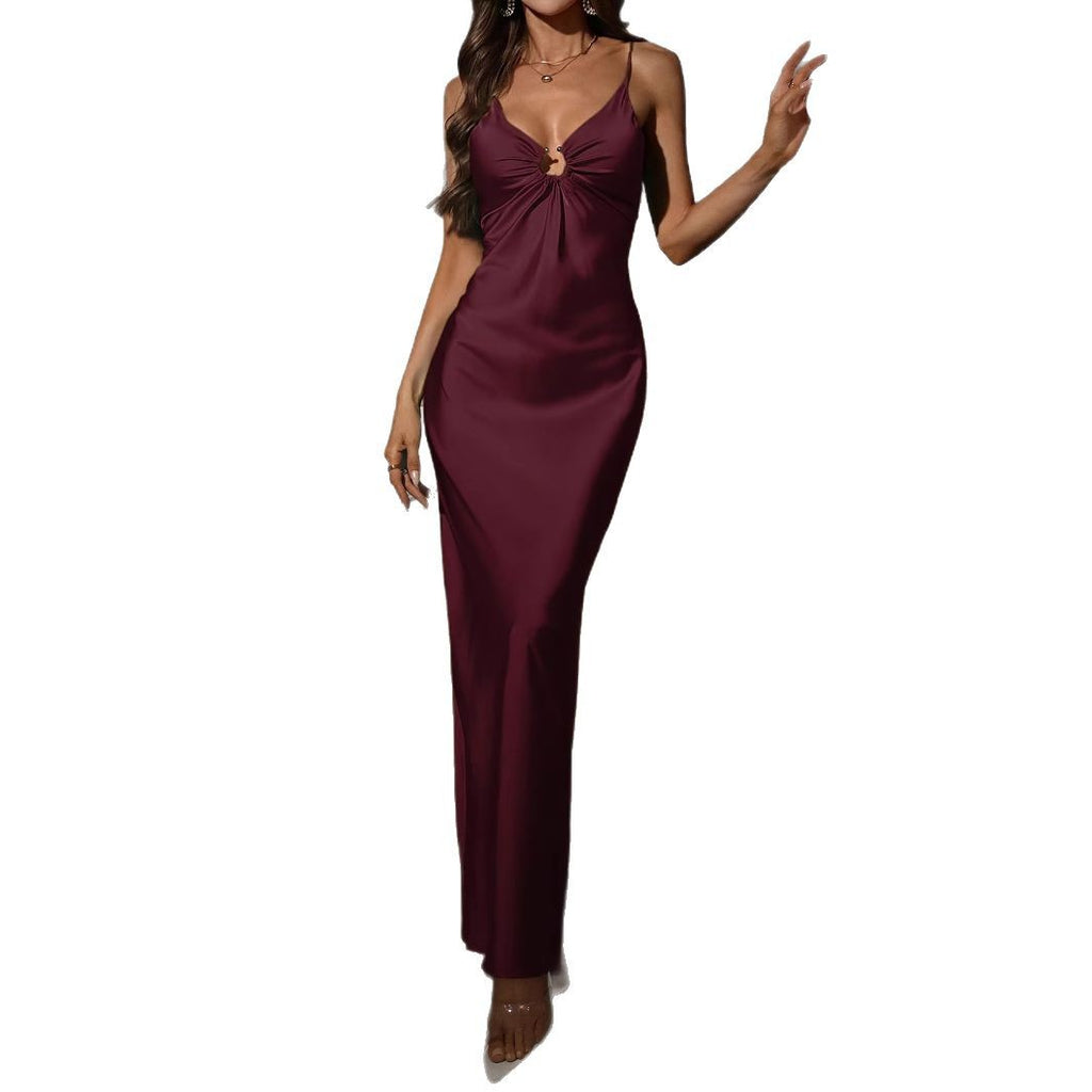 Women's Wine Red V-neck Dress Elegant French Style