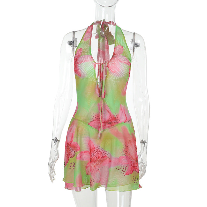 Sexy Backless Halter Vacation Style Hot Girl Print Dress