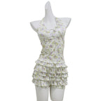 Womens Floral Halter Neck, Low-Chest Push-Up Two-Piece Skirted Swimsuit