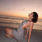 Halter Sequin Vacation Style Backless Waist Trimming Dress