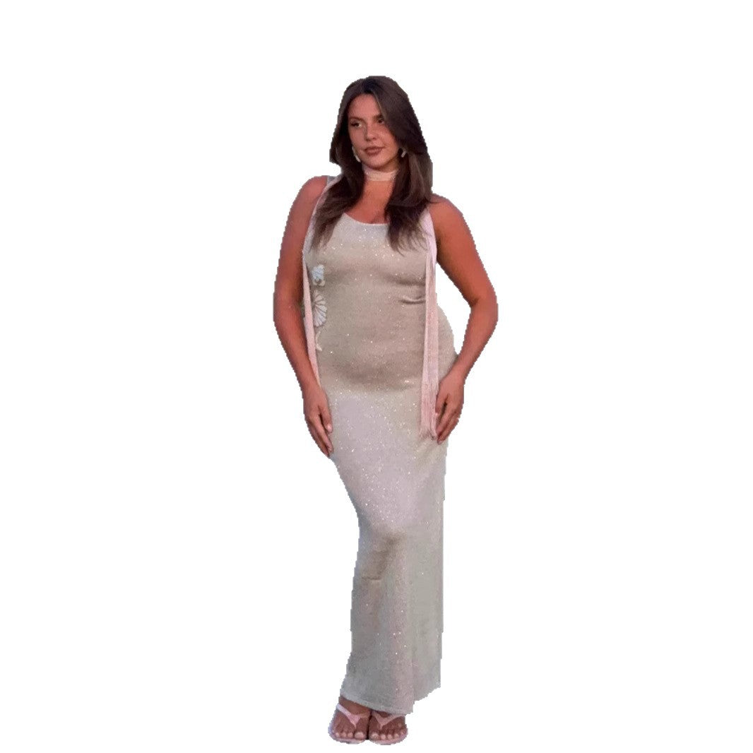 Hip-wrapped Round Neck Dress Knitted Vacation Style Beach Skirt
