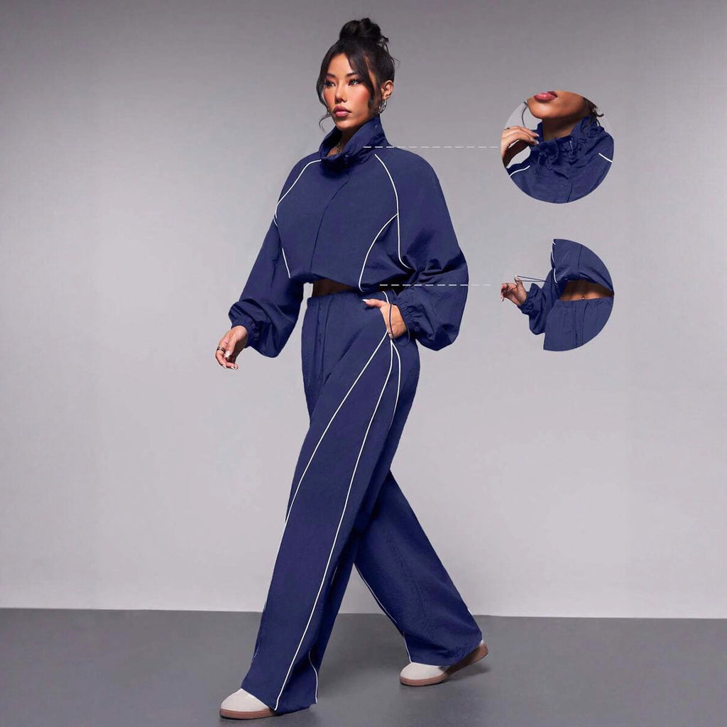 Womens Color-Block Drawstring Sports Jacket And Pants Set