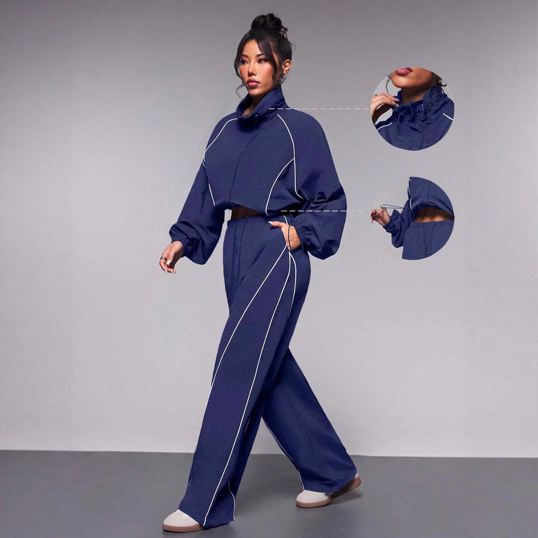 Womens Color-Block Drawstring Sports Jacket And Pants Set