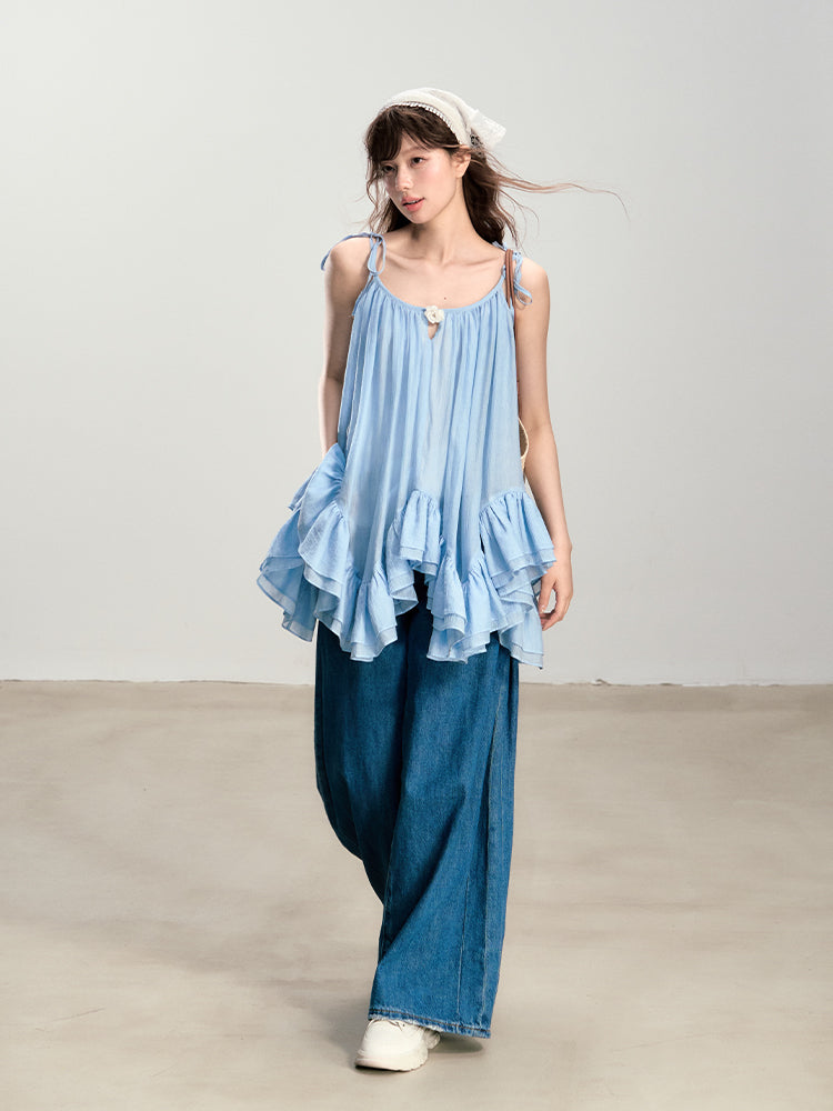 Blue Vacation Spaghetti Straps Top And Skirt Suit