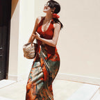 Vacation Style Oil Painting Printed Satin Long Skirt