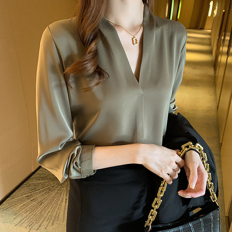 Autumn New Korean-style All-match V-neck Slimming Long-sleeve