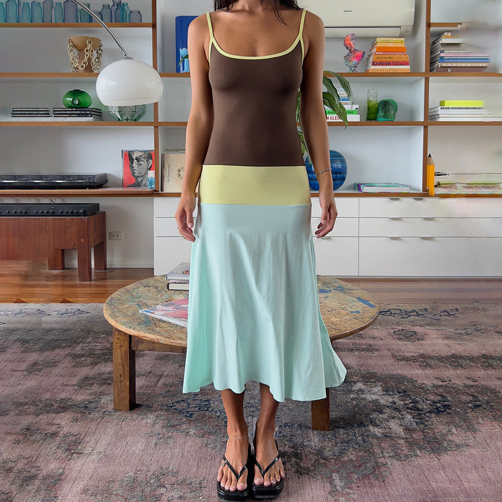 Strapless Low-cut Color-block Dress For Women