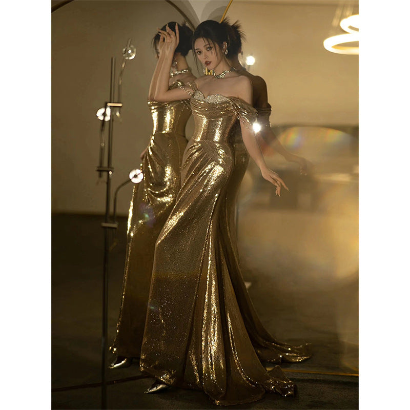 Gold Sequin Fishtail Dress | Off-Shoulder Bridal Toast Gown Women