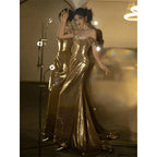 Gold Sequin Fishtail Dress | Off-Shoulder Bridal Toast Gown Women