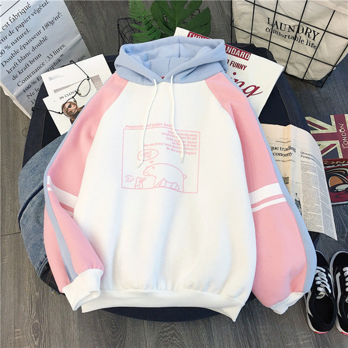 Fashion Casual Plus Velvet Thick Sweater Women's Hoodie Korean Students Loose Casual Color Matching Autumn And Winter Tops