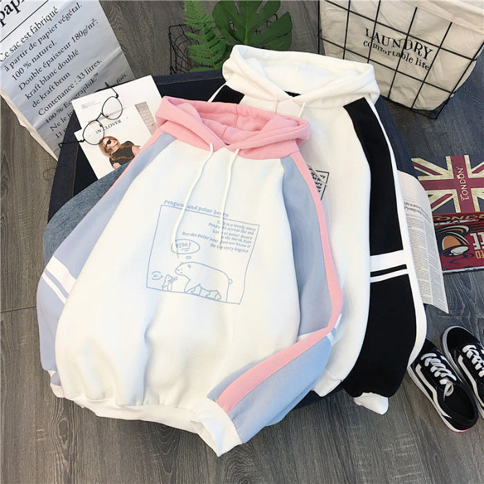 Fashion Casual Plus Velvet Thick Sweater Women's Hoodie Korean Students Loose Casual Color Matching Autumn And Winter Tops