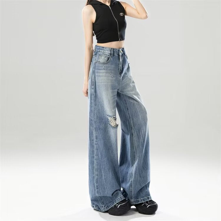 Retro Ripped Wide-Leg Denim Jeans For Women Autumn Style