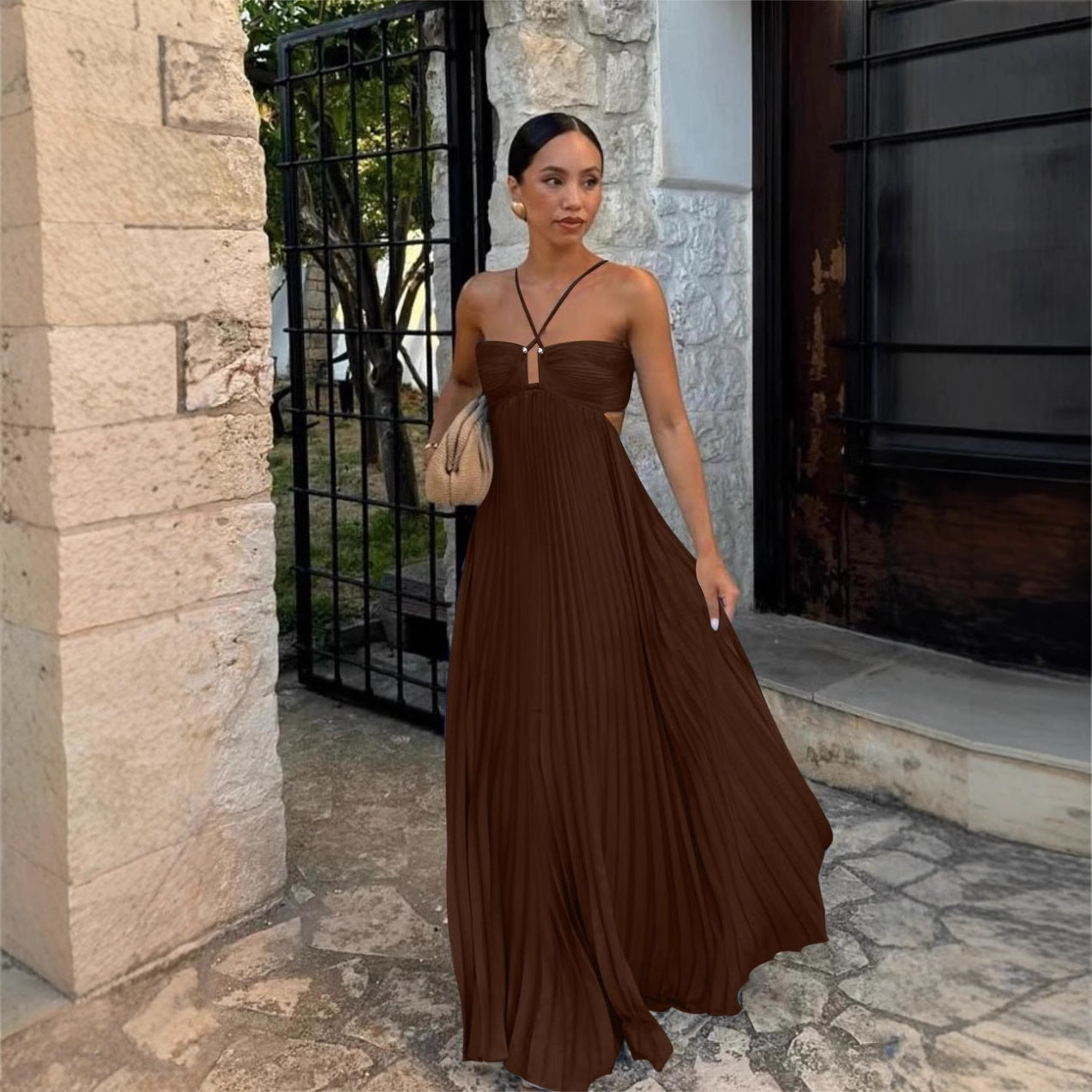 Pleated Halter Sling Dress | High Waist Club Party Dress Women