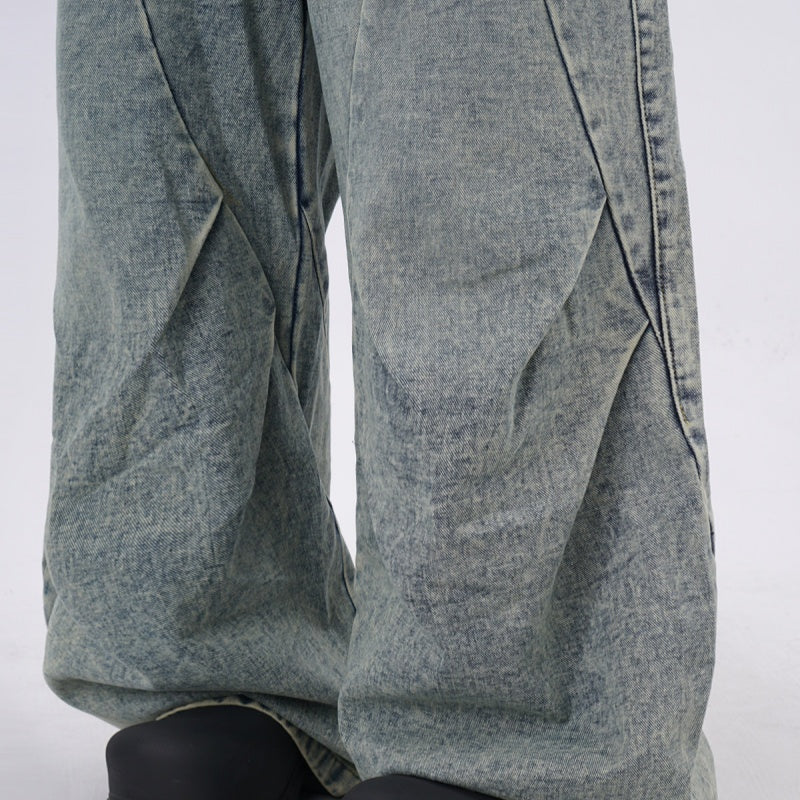 Light-blue Distressed Washed Denim Jeans With Spliced Pleats