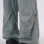 Light-blue Distressed Washed Denim Jeans With Spliced Pleats