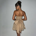 Tube Top Lace Dress With Back Bow-knot Summer Fashion Temperament Mesh Stitching Off-neck Short Skirt