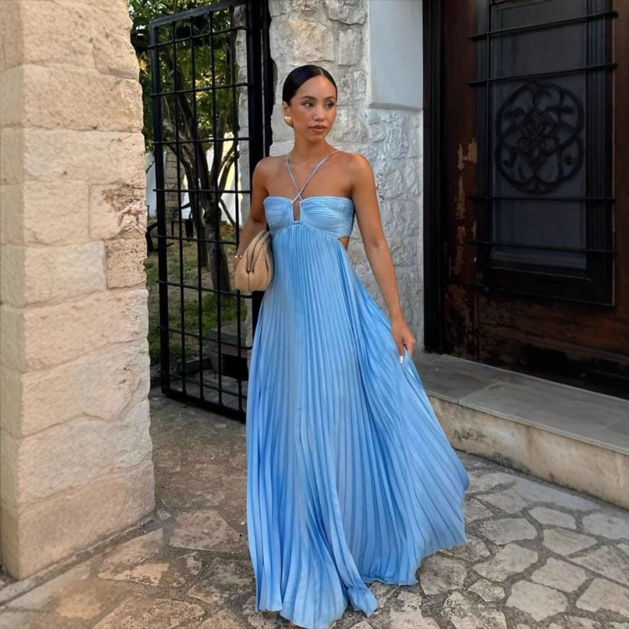 Pleated Halter Sling Dress | High Waist Club Party Dress Women