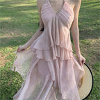 Summer Seaside Vacation Irregular  Halter Spaghetti Straps Backless Dress Women