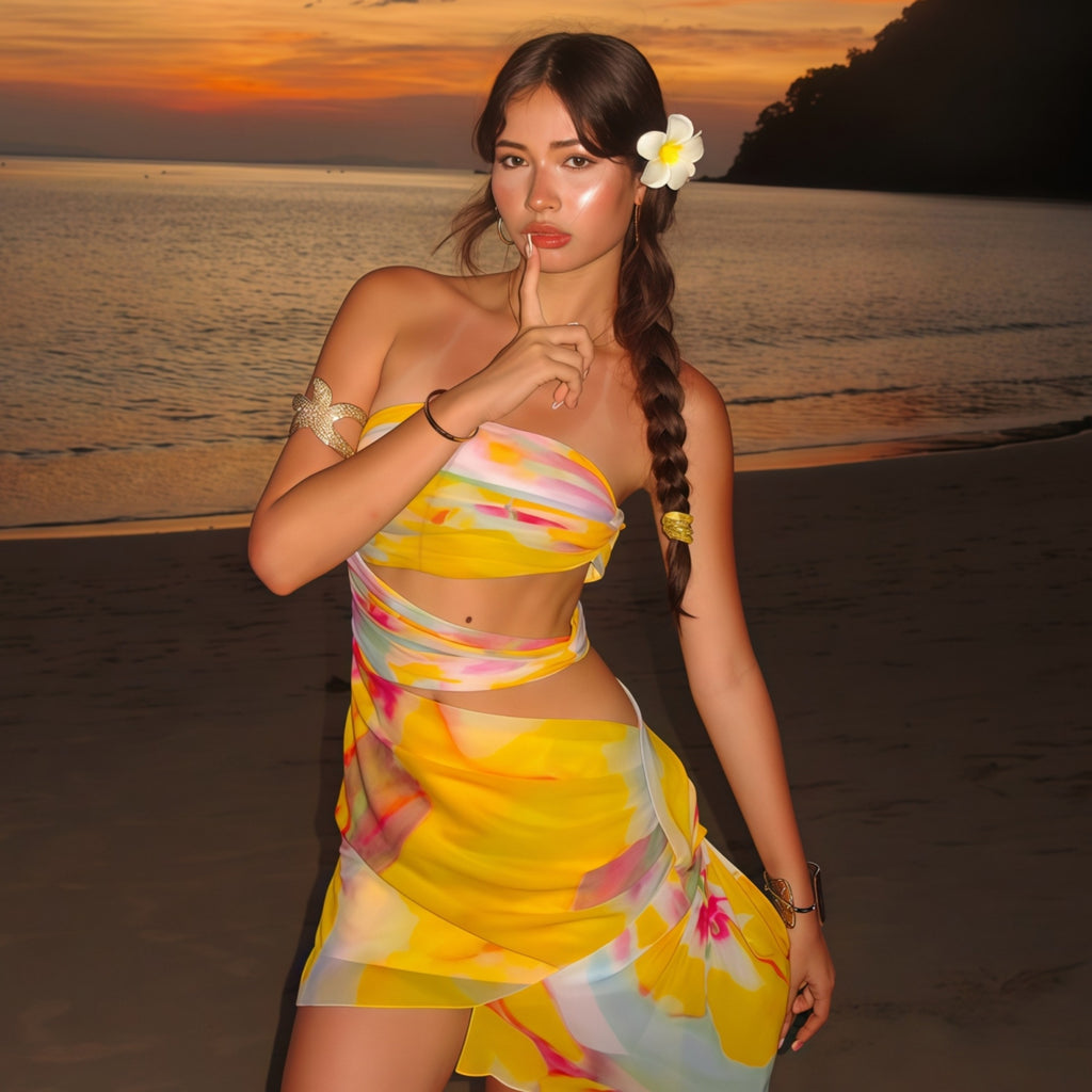 Summer Women's Printed Wear Beach Vacation Off-shoulder Tube Top Cinched Waist Hip Dress