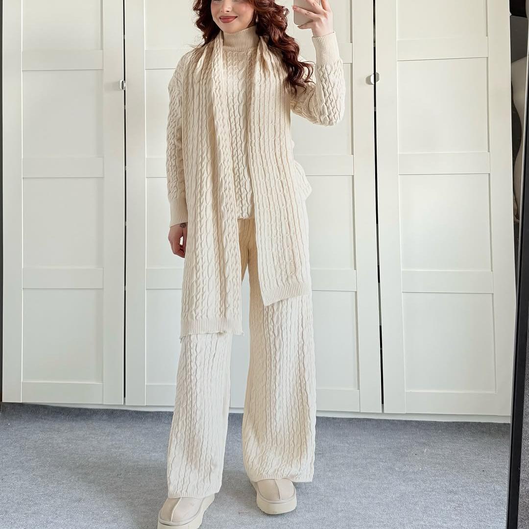 Warm Casual Neck Warmer Top And Pants Sweater Set