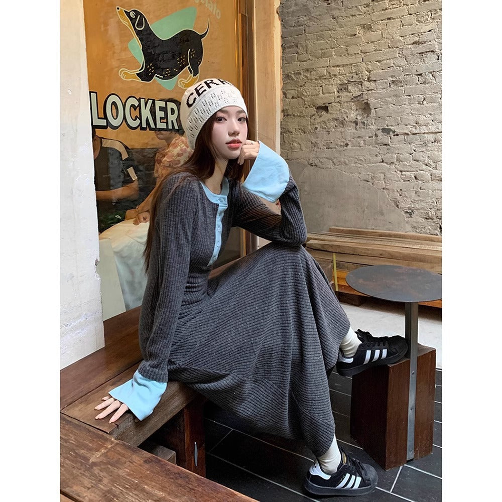 Womens Fashionable Slimming Patchwork Long-Sleeve Dress