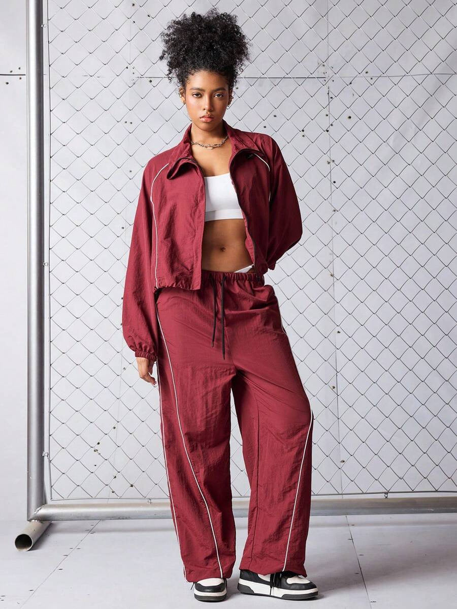 Womens Color-Block Drawstring Sports Jacket And Pants Set