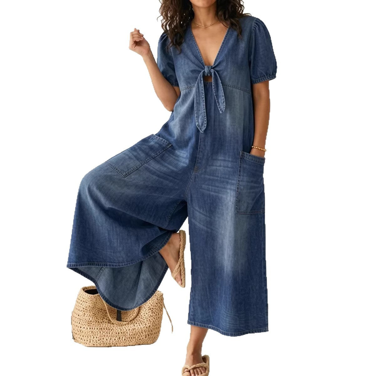 Casual Loose-Fitting Short-Sleeve V-Neck Denim Jumpsuit