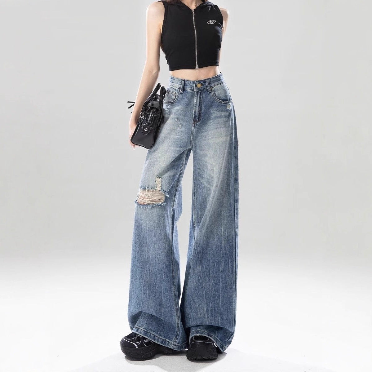 Retro Ripped Wide-Leg Denim Jeans For Women Autumn Style
