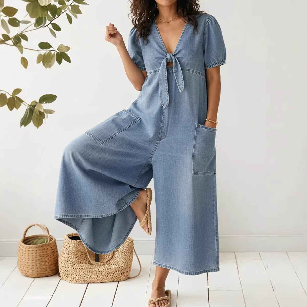Casual Loose-Fitting Short-Sleeve V-Neck Denim Jumpsuit