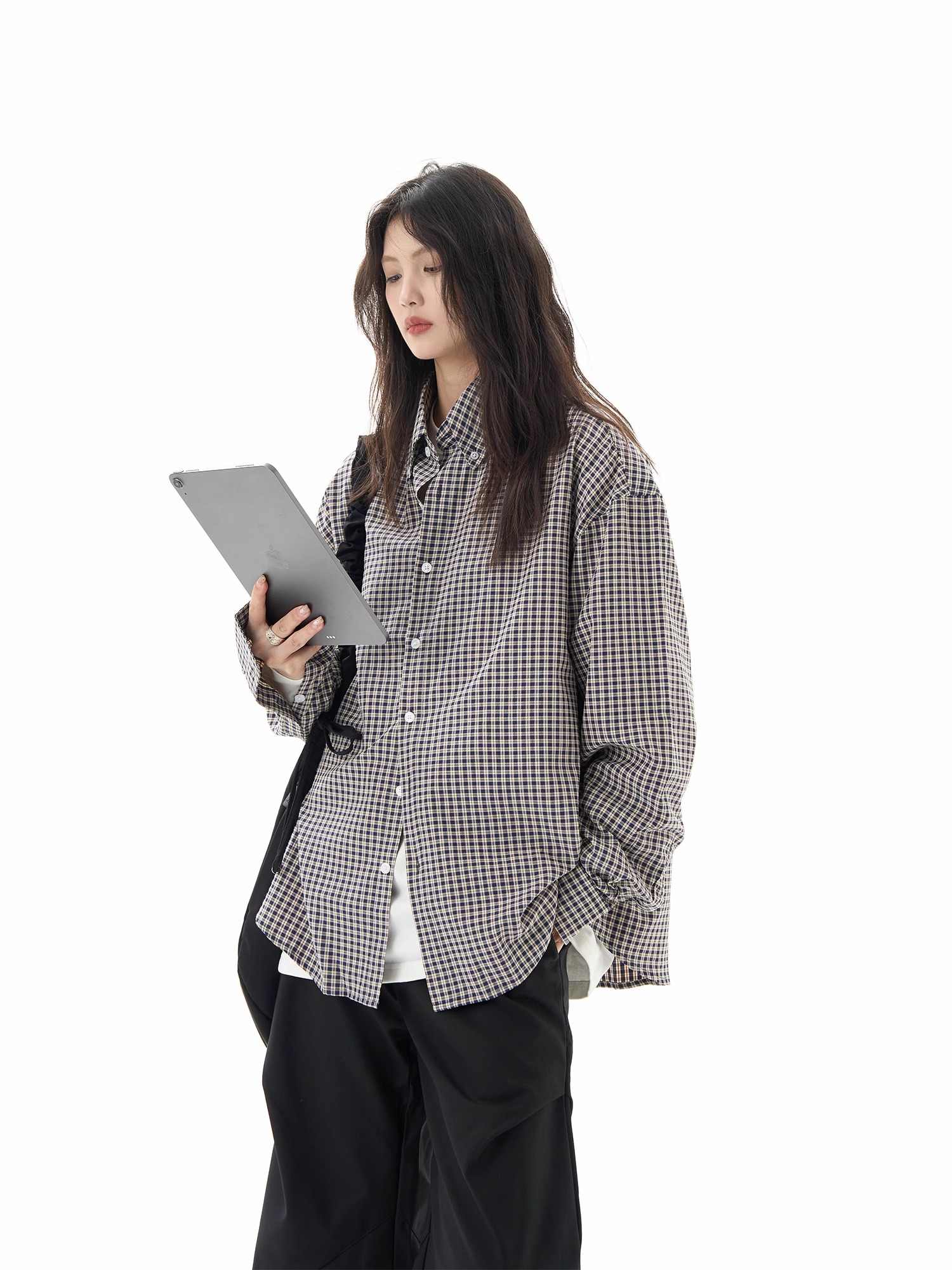 Black Plaid Shirt Long Sleeve Women Casual Loose Shirt Coat