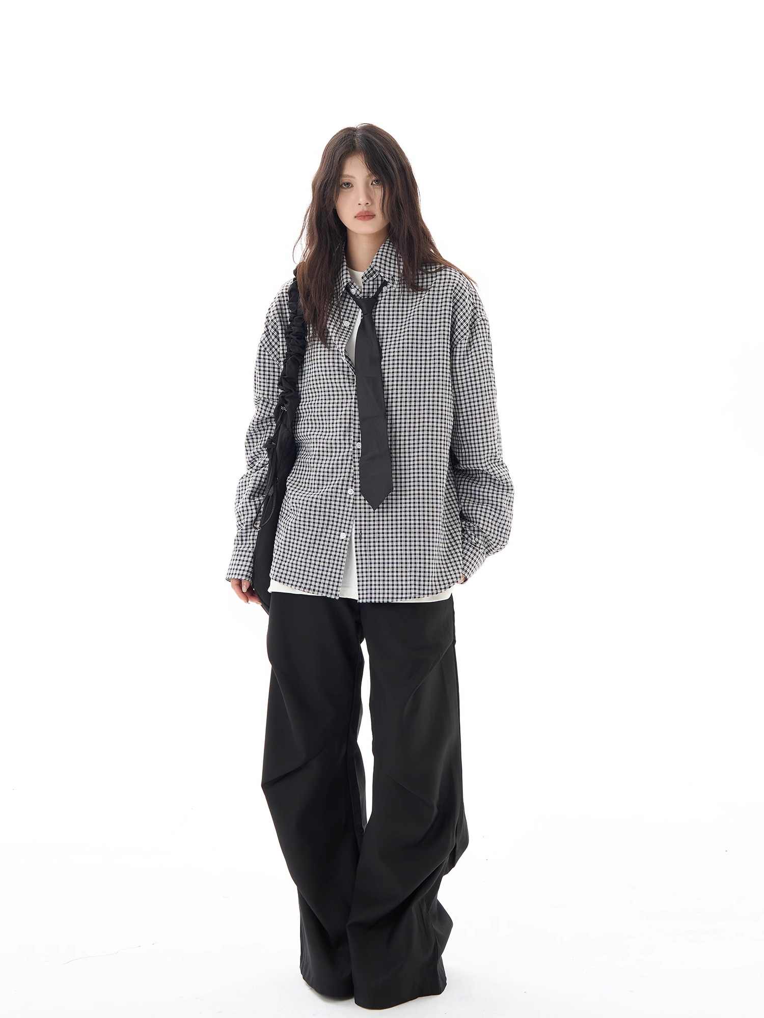 Black Plaid Shirt Long Sleeve Women Casual Loose Shirt Coat