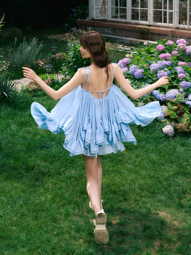 Blue Vacation Spaghetti Straps Top And Skirt Suit