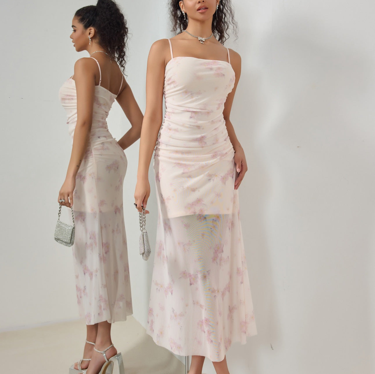 Sweet Printed Pleated Suspender Dress Vacation Style