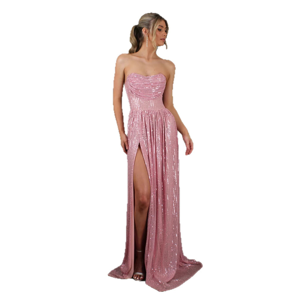 Sequin Slit Maxi Ball Gown | Strapless Prom Dress Women