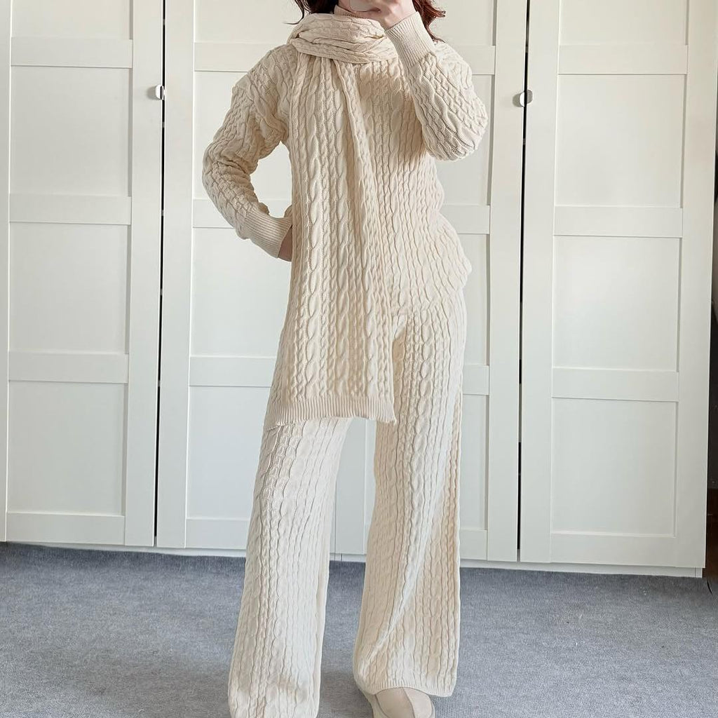 Warm Casual Neck Warmer Top And Pants Sweater Set