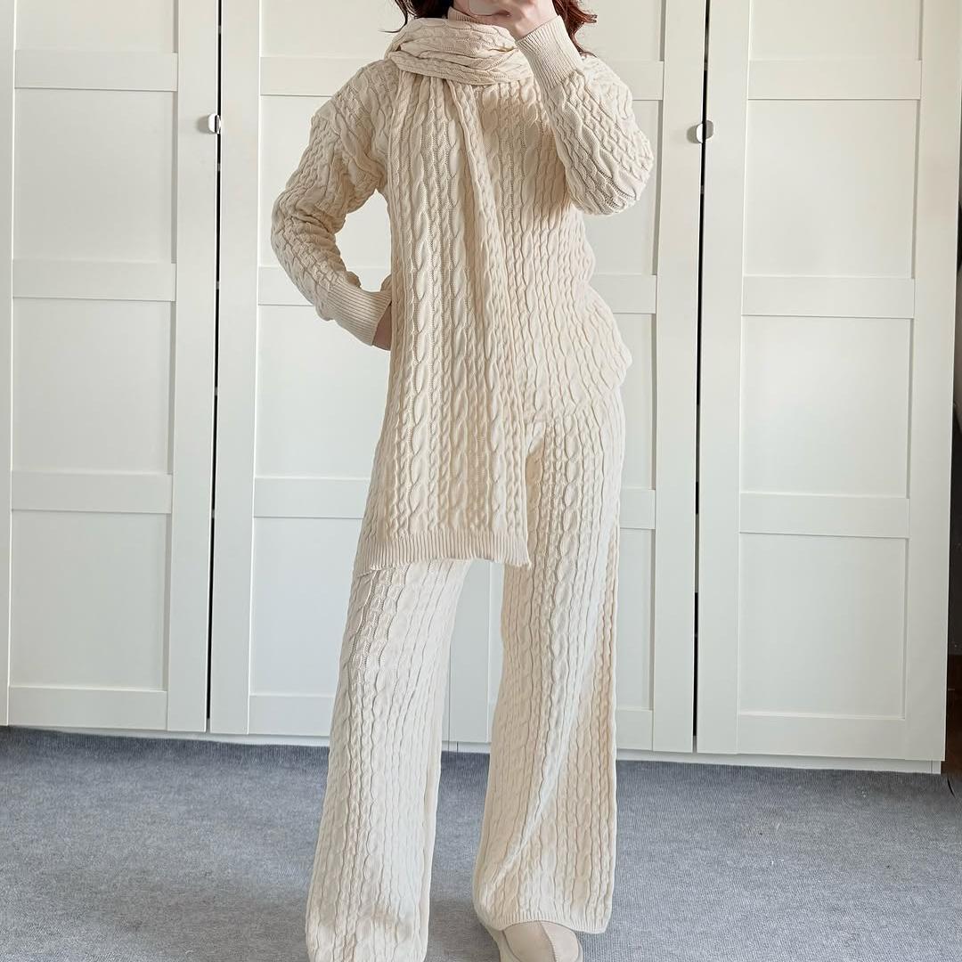 Warm Casual Neck Warmer Top And Pants Sweater Set