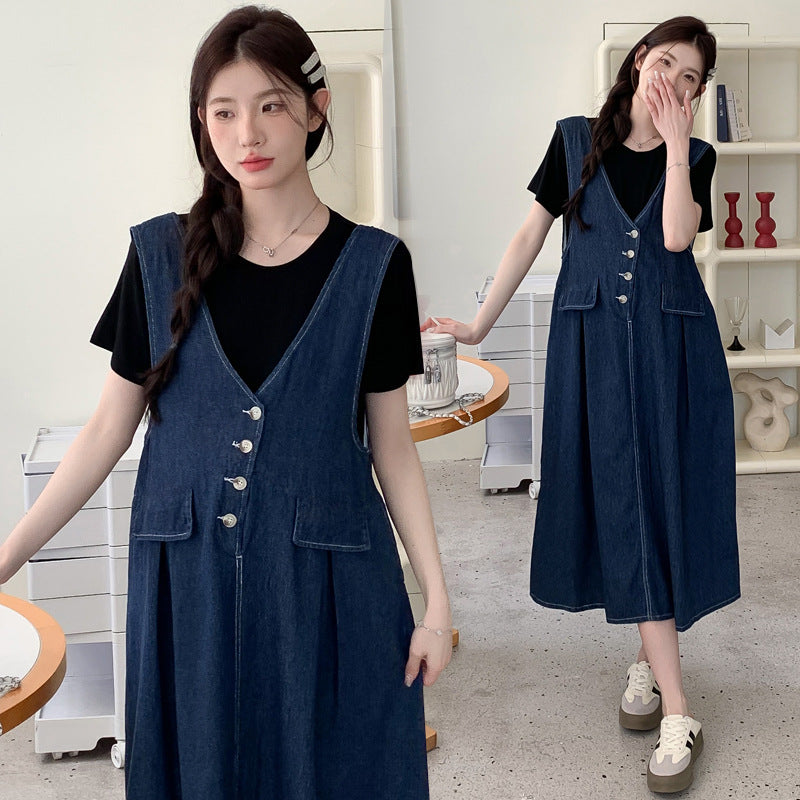 Plus-size Thin Denim Vest Skirt Base T-shirt Two-piece Set