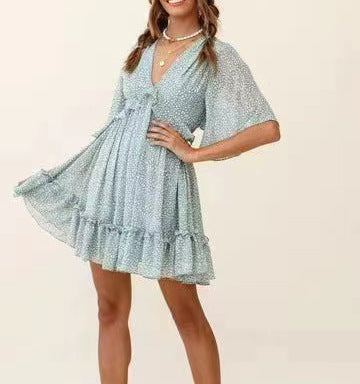 Fashionable Printed V-Neck Ruffle Womens Dress