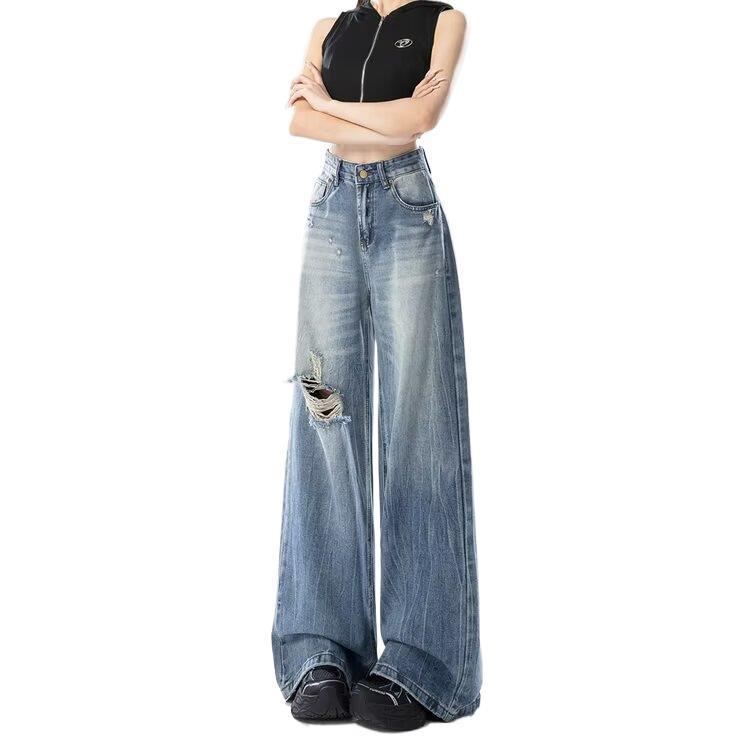 Retro Ripped Wide-Leg Denim Jeans For Women Autumn Style