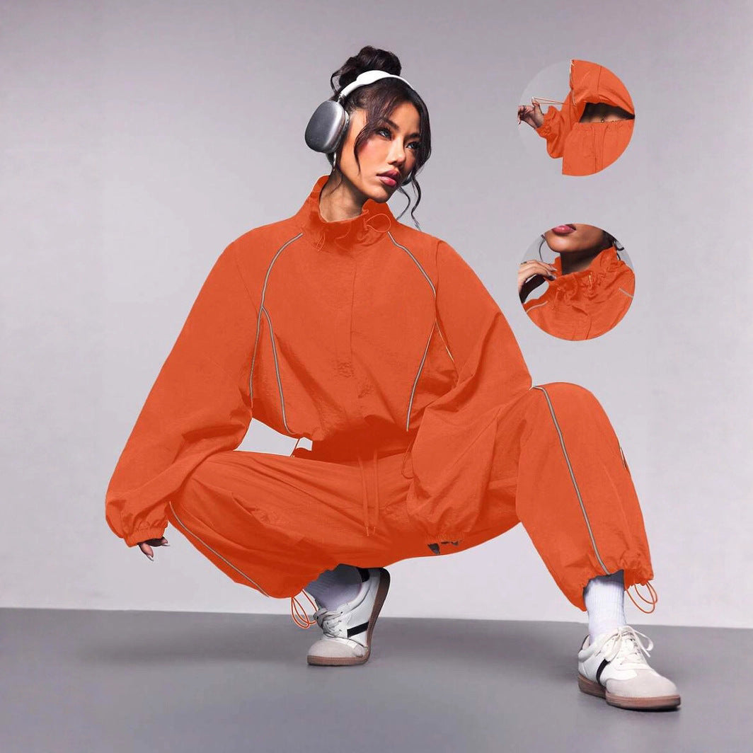 Womens Color-Block Drawstring Sports Jacket And Pants Set