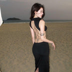 Slit Mid-length Elegant Mock-neck Maxi Dress