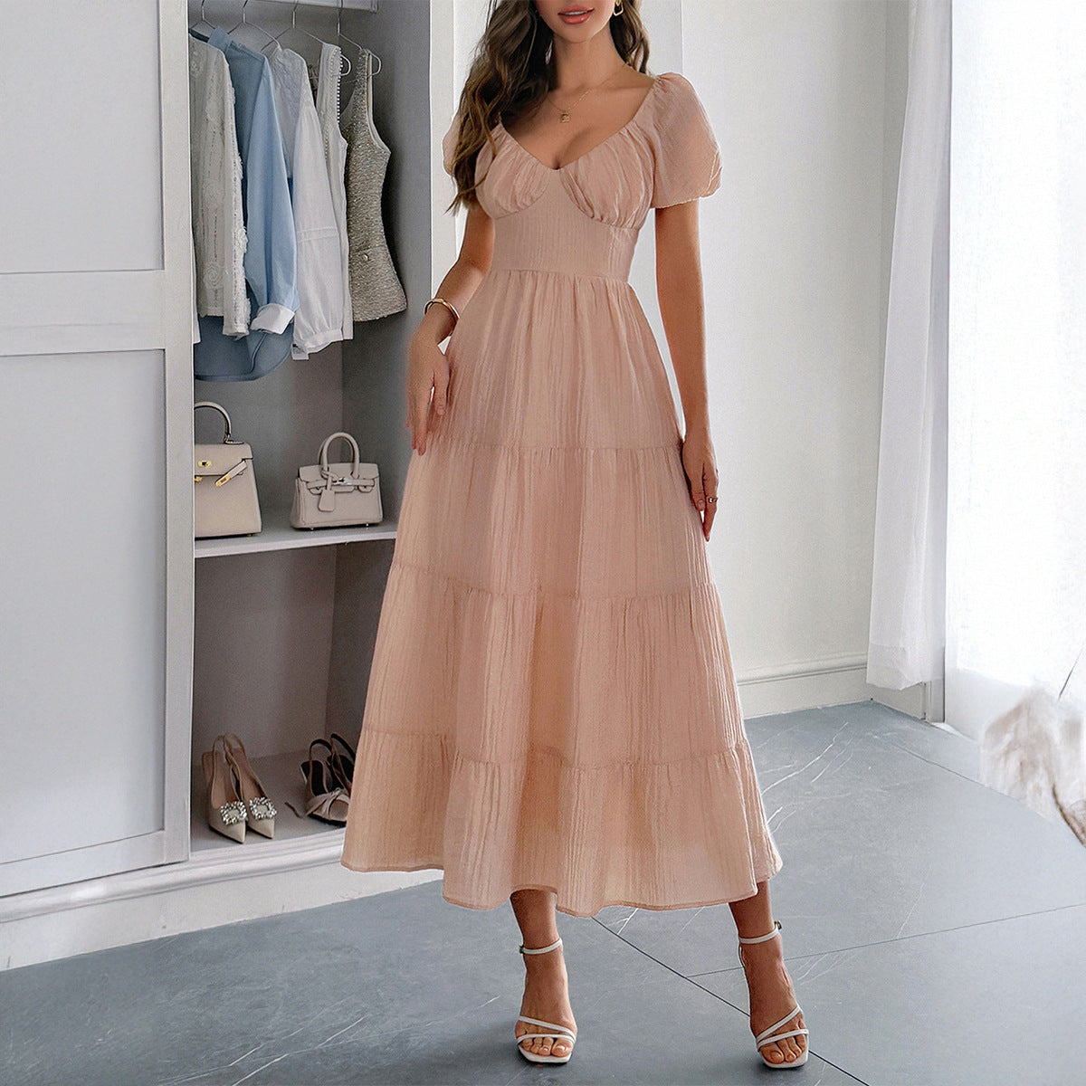Casual Vacation Style Puff Sleeve Maxi Dress