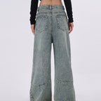 Light-blue Distressed Washed Denim Jeans With Spliced Pleats