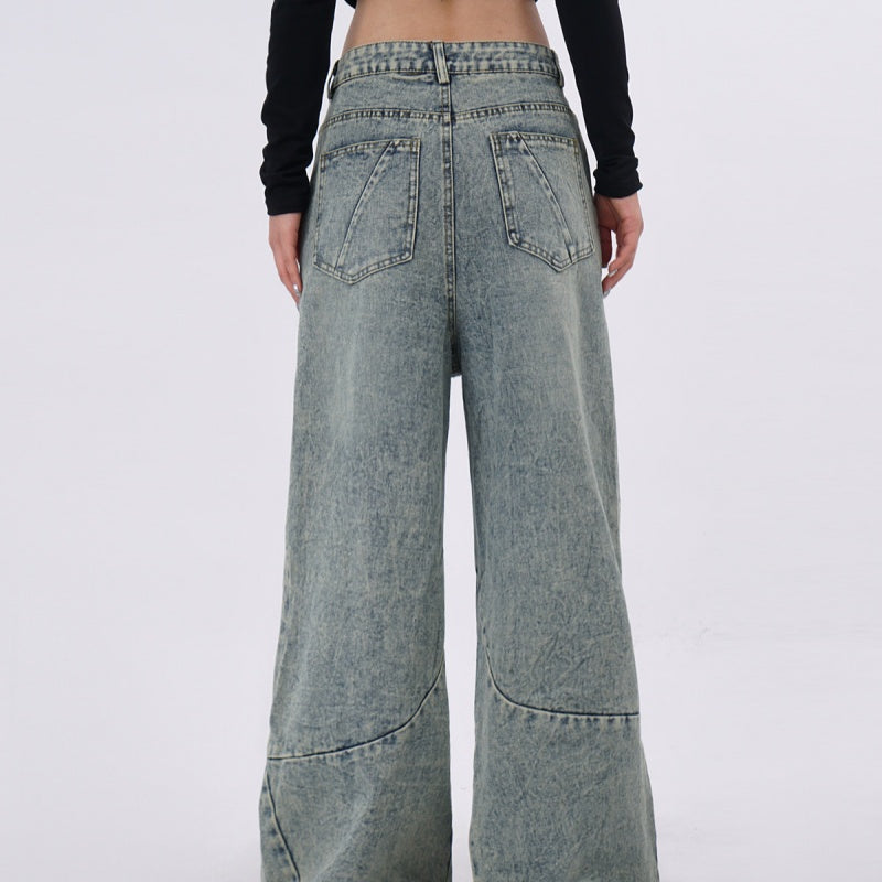 Light-blue Distressed Washed Denim Jeans With Spliced Pleats