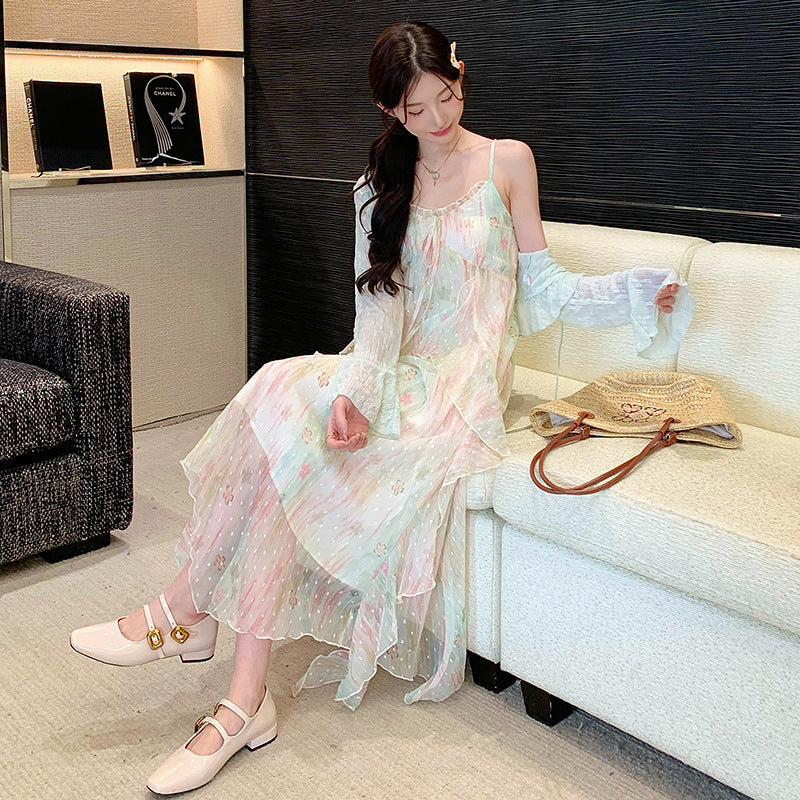 Sweet-style Floral Slip Dress And Lace Cardigan Two-piece Set