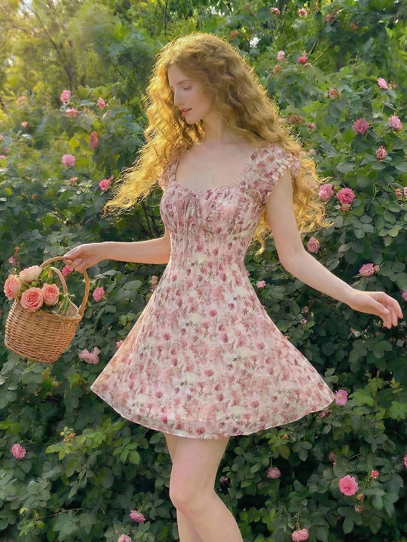 Women's Summer New French Style Romantic Elegant Floral Print Waist-Cinched A-Line Mini Dress